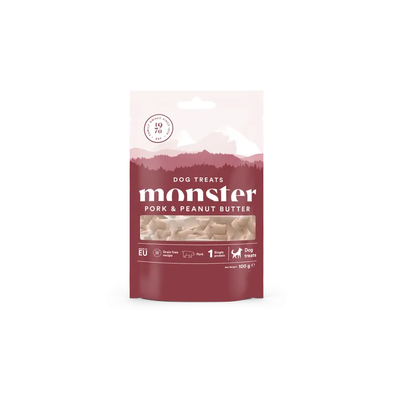 Begränsat antal Monster Dog Treats Baked Pork/ Peanut 100 g