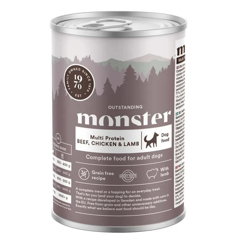 Monster Dog Multi Beef/Chicken/Lamb Burk 400g Snabb leverans