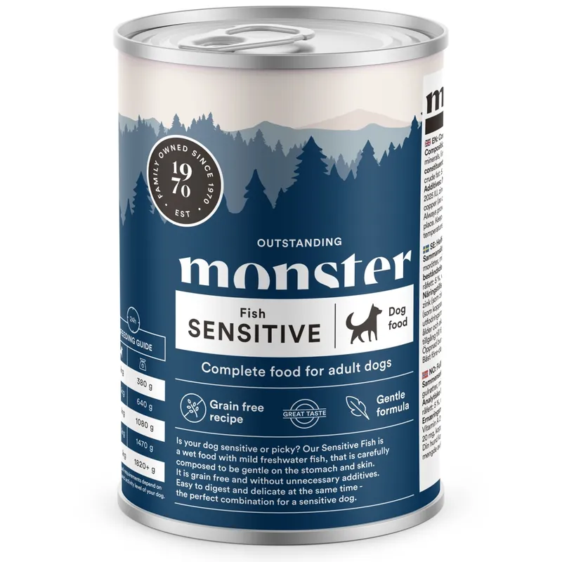 Monster Dog Adult Sensitive Fish Burk 400g Begränsat erbjudande