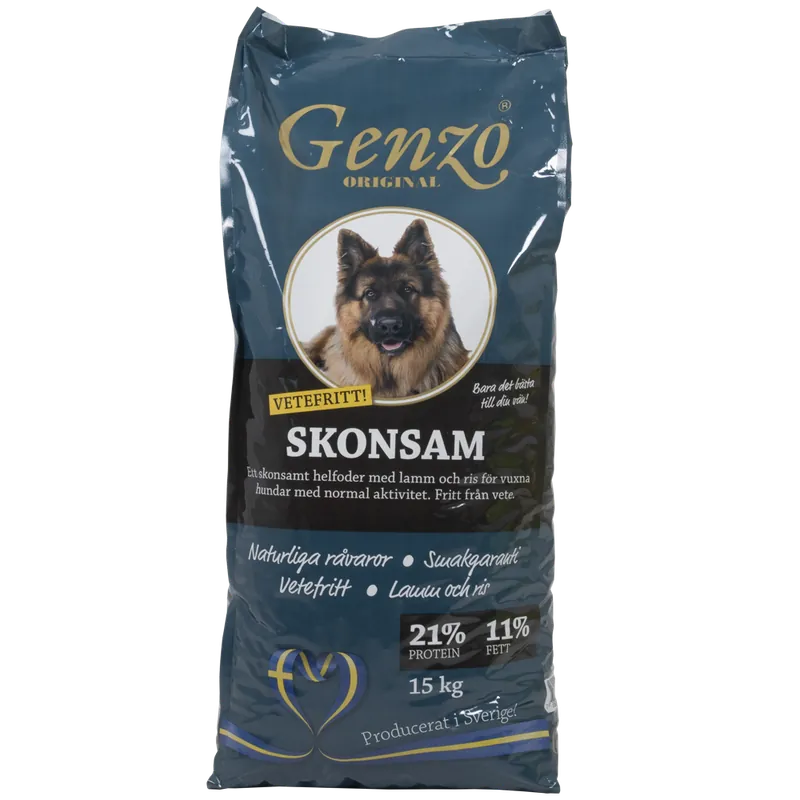 Expressleverans Genzo Skonsam 15kg Hundfoder .css-mpndez{display:block;line-height:1em;margin-top:8px;color:#222222;text-align:left;font-weight:normal;font-size:15px;}@media screen and (min-width: 1200px){.css-mpndez{font-size:18px;}}Fritt från vete | 21% Protein | 11% Fett