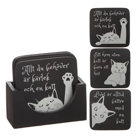 Glasunderlägg kattmotiv 4-pack SVART Expressleverans