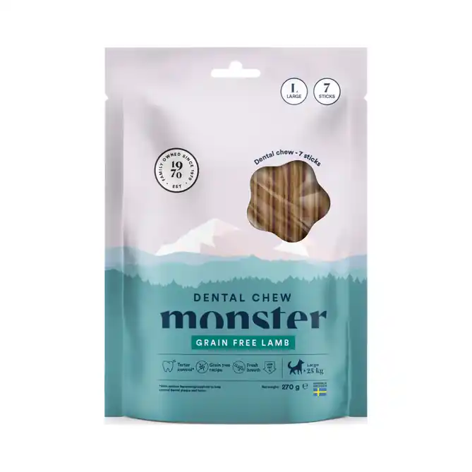 Handla nu Monster Dog Dental Chew Grain Free Week Lamm Klein 7er-Pack