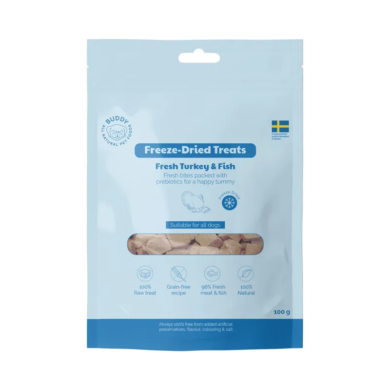 Populär Buddy Pet Foods Buddy Freeze-Dried Treats Fresh Turkey & Fish 100 g